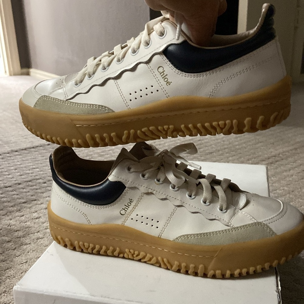Authentic Chloe Franckie Navy and white with gum sole sneakers.
